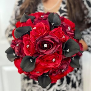 Red Rose & Black Lily Bridal Bouquet: Diamond Wedding Bouquet