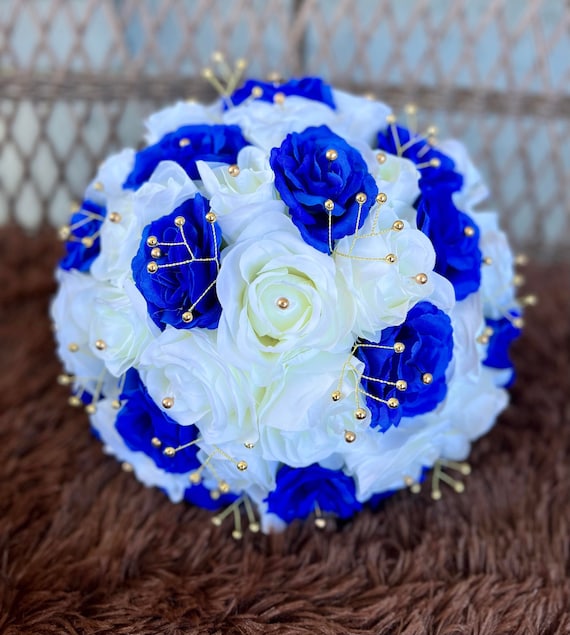 Elegant White Royal Blue Gold Bridal Bouquet Bling Pearls - Etsy