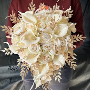 Ivory Roses Cascading Wedding Bouquet: Champagne Gold Jewelry Bling
