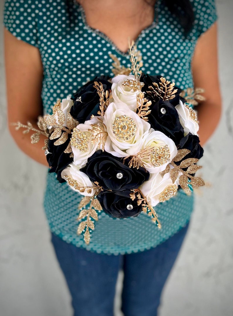 Glamorous Black White Gold Wedding Bouquet Bling Jewelry Etsy