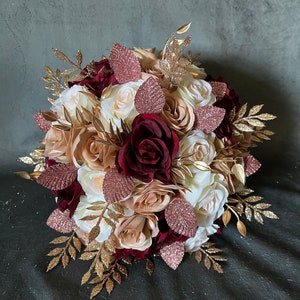 Stunning Rose Gold Burgundy Champagne Gold Wedding Bouquet, Gold Maroon Ivory Bridal Bouquet, Roses Gold Leaves Bouquet, Quinceanera Bouquet