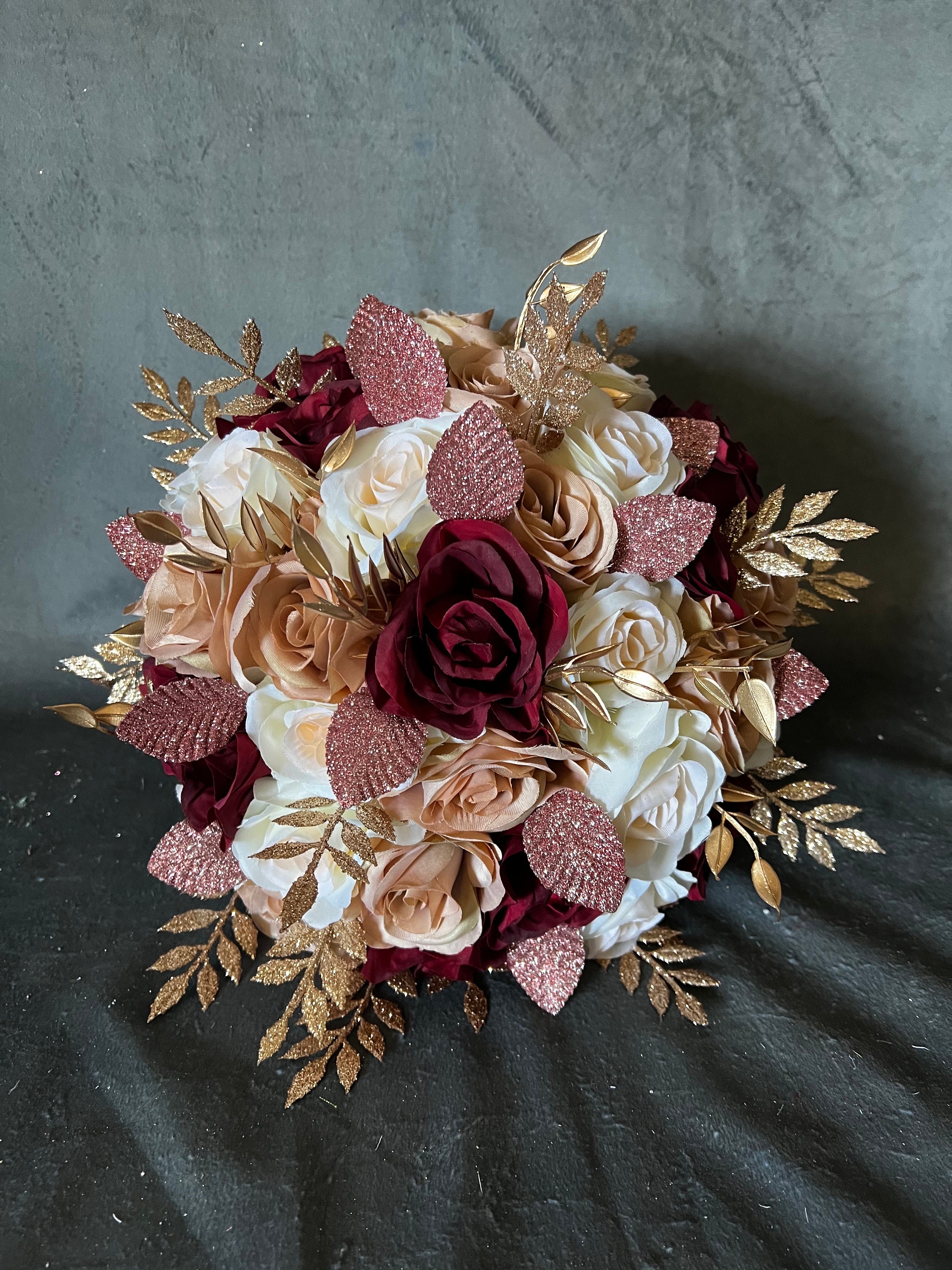 rose gold and burgundy wedding dress Bouquet: Champagne Gold Bridal Roses rose gold rustic burgundy wedding