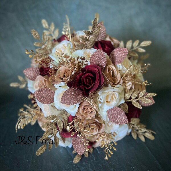 Stunning Rose Gold Burgundy Champagne Gold Wedding Bouquet, Gold Maroon Ivory Bridal Bouquet, Roses Gold Leaves Bouquet, Quinceanera Bouquet