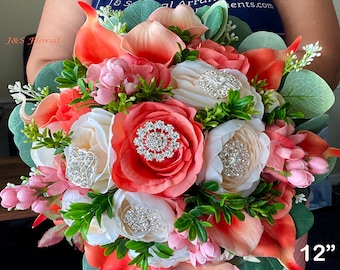 Coral Peach Wedding Bouquet: Roses, Lilies, Eucalyptus