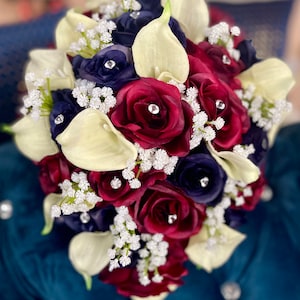 Cascading Wedding Bouquet: Navy, Burgundy, Cream Roses & Lilies