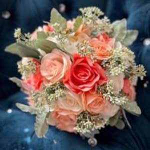 Stunning Sunset Grey Bridal Bouquet, Coral Peach Ivory Grey Wedding, Roses Eucalyptus Dusty Miller Rustic Bouquet, Warm Colors Bouquet
