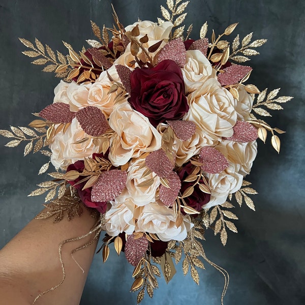 Stunning Rose Gold Burgundy Champagne Gold Wedding Bouquet, Gold Wine Ivory Bridal Bouquet, Rose Gold Cascading Bouquet, Bling Bouquet