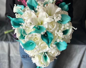 Teal Turquoise Cascading Bridal Bouquet: White Roses & Lilies