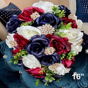 Navy Burgundy Rose Wedding Bouquet: Cascading Bridal Teardrop Bouquet