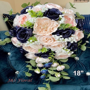 Navy Blue Blush Cascading Wedding Bouquet: Roses, Peonies, Eucalyptus