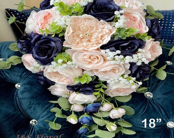 Navy Blue Blush Cascading Wedding Bouquet: Roses, Peonies, Eucalyptus