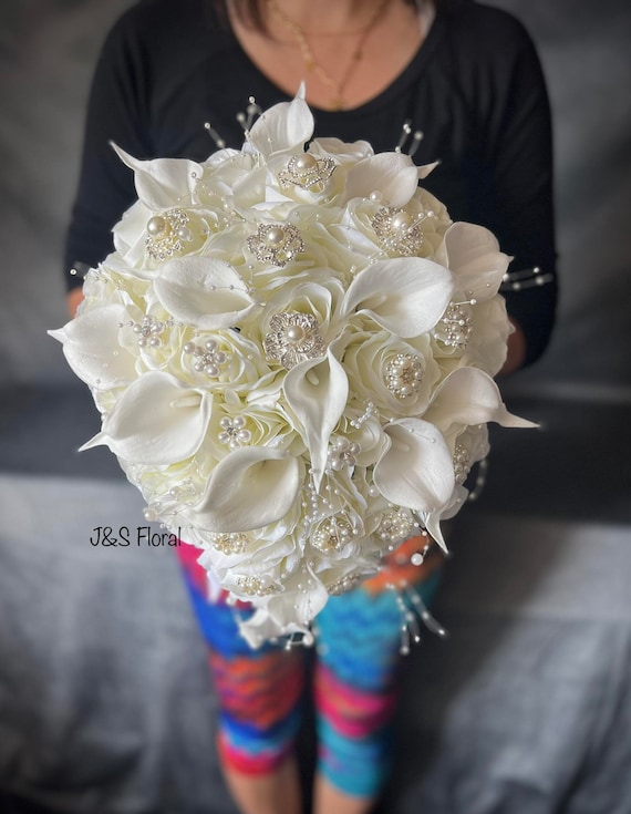 Cascading White Wedding Bouquet: Roses, Calla Lilies, Pearls