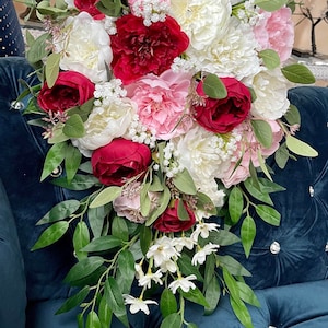 Red Pink Peony Wedding Bouquet: Cascading Bridal Roses