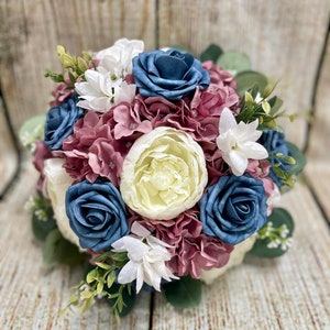 Dusty Blue Wedding Bouquet: Silk Roses, Peonies, Hydrangeas