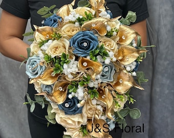 Stunning Dusty Blue Steel Blue Ivory Gold Cascading Bouquet, Blue Ivory Gold Wedding Bouquet, Teardrop Roses Lilies Bridal Bouquet