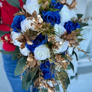 Royal Blue Cascading Wedding Bouquet: White Roses, Gold Eucalyptus