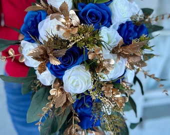 Royal Blue White Gold Cascading Bouquet,Rustic Teardrop White Blue Gold Roses Eucalyptus Wedding Bouquet.
