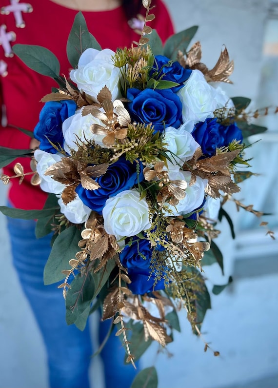 Royal Blue Cascading Wedding Bouquet: White Roses, Gold Eucalyptus - Etsy