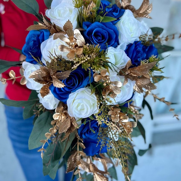 Royal Blue White Gold Cascading Bouquet,Rustic Teardrop White Blue Gold Roses Eucalyptus Wedding Bouquet.