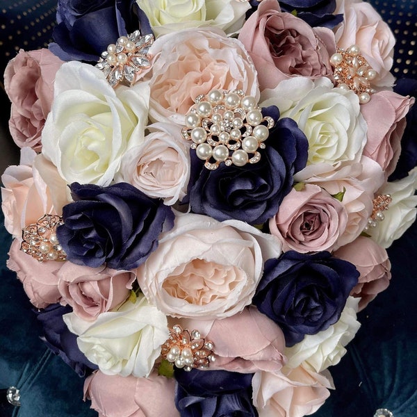 Glamorous Cascading Bouquet,  Navy Dusty Rose Blush Cream Bridal Bouquet, Navy rose gold Teardrop Bouquet,  Jewelries brooches Bouquet ,