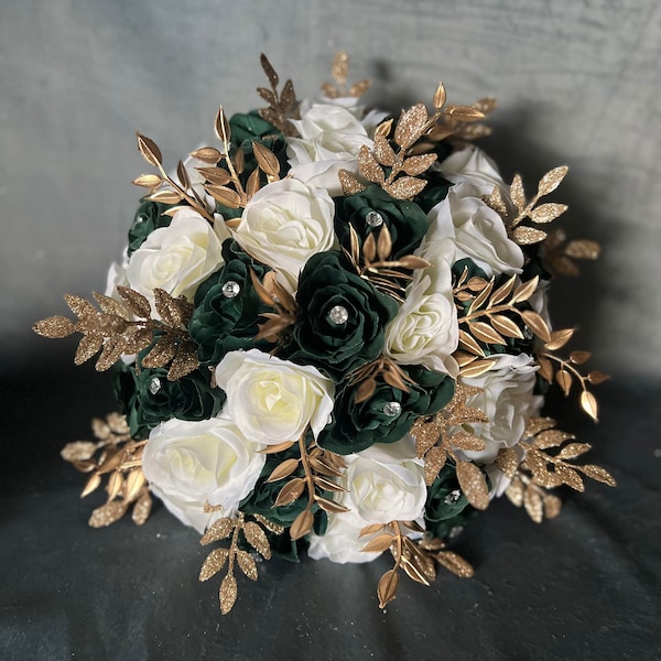 Glam Gold Emerald Green White Bridal Bouquet, Bling Gold Glitter Quince Bouquet, Gold Jewelry Dark Green White Prom Bouquet,Sparkle Bouquet.