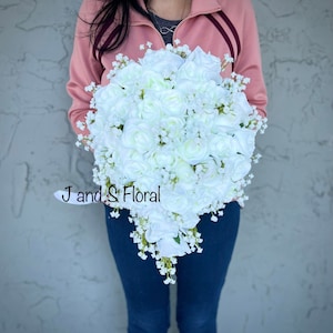Elegant White Wedding Bouquet, Stunning Rose Buds Bouquet, Cascading Bouquet, Babysbreath Roses Bouquet, Romantic Teardrop Bouquet