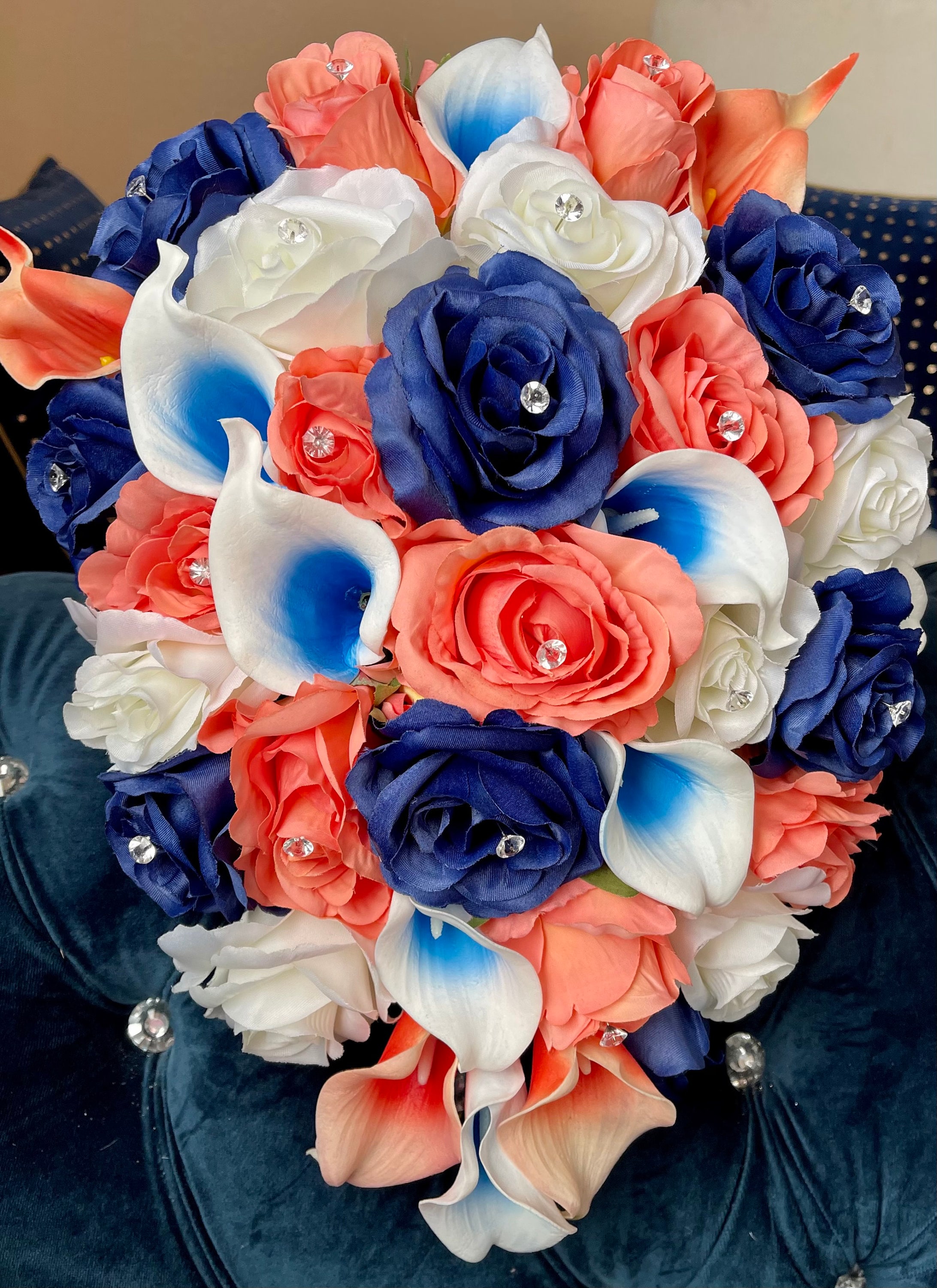 Cascading Blue Coral White Wedding Bouquet, Royal Blue Silver calla lilies Roses Bridal Bouquet, Blue Orange White Bouquet, Blings Bouquet