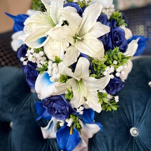 Royal Blue Wedding Bouquet: Cascading Roses & Lilies Bridal Flowers
