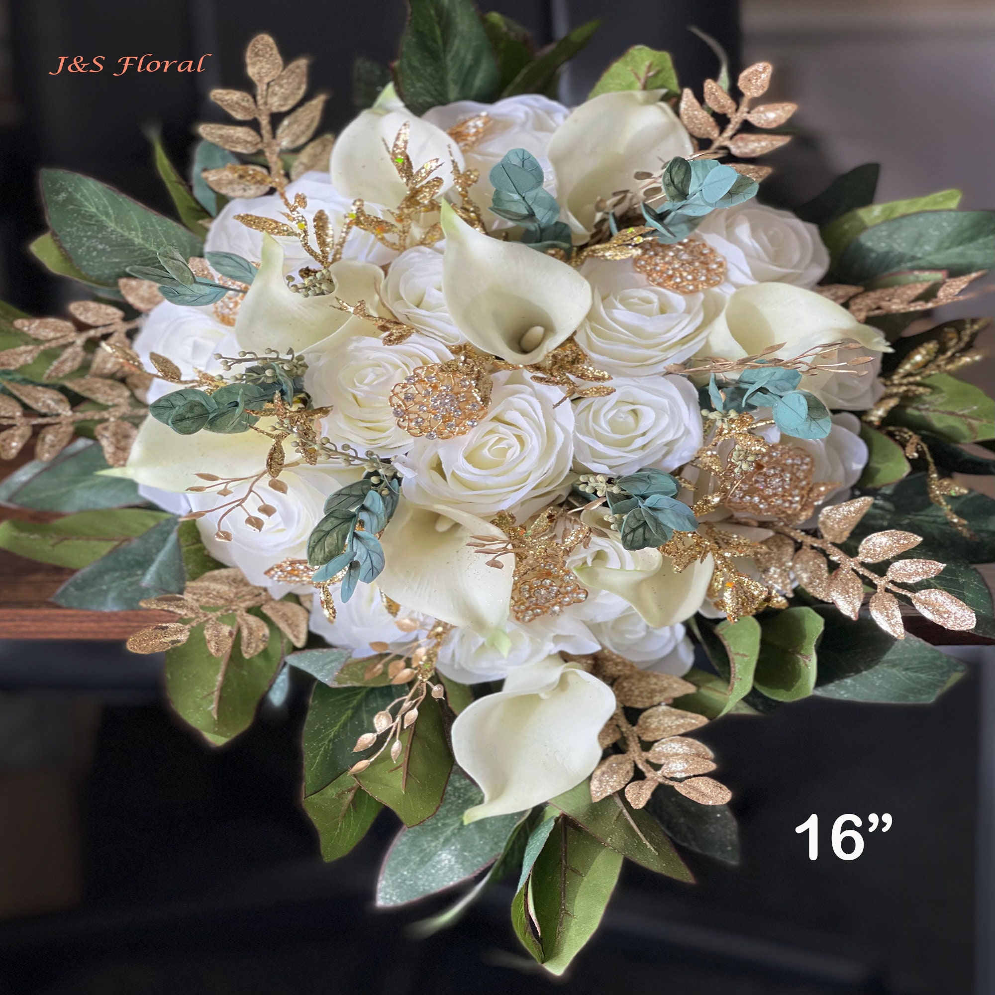 Luxury White Gold Green Wedding Bouquet Dark Green Cream Etsy