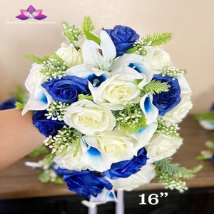 Royal Blue White Wedding Bouquet, Cascading Blue White Bridal Bouquet