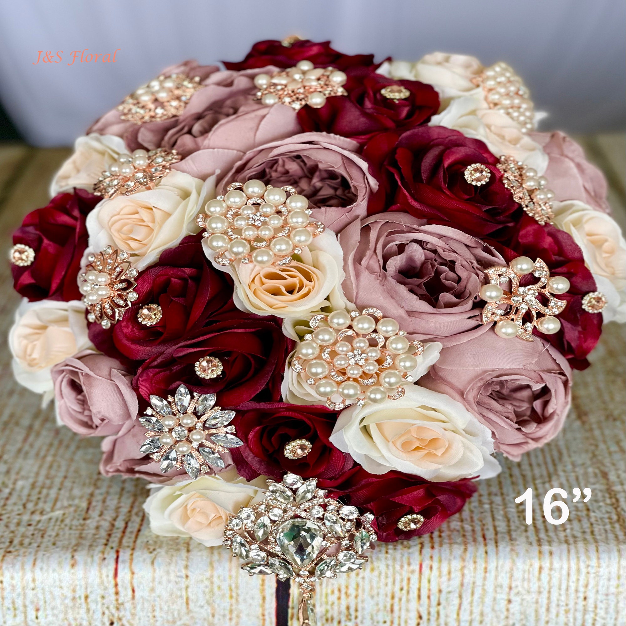 burgundy and rose gold wedding dresses Dusty Bouquet: Cascading Silk Roses with Rose Brooches Formal dress