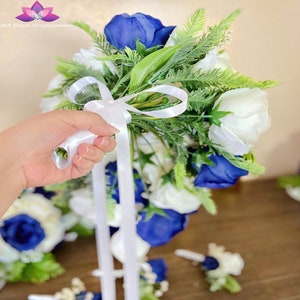 Royal Blue White Wedding Bouquet, Cascading Blue White Bridal Bouquet