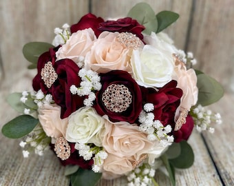 Burgundy Blush Wedding Bouquet: Rose Gold Jewelry Bridal Bouquet