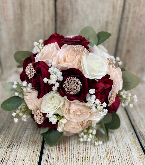 Gold, Burgundy and Pink Inspired Wedding  White rose bridal bouquet, Rose  bridal bouquet, Bridal bouquet flowers