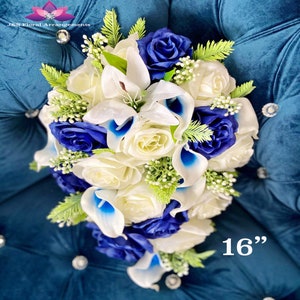 Royal Blue Wedding Bouquet: Cascading Roses & Lilies