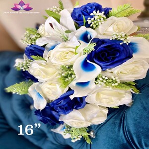 Royal Blue White Wedding Bouquet, Cascading Blue White Bridal Bouquet