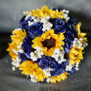 Sunflower Bridal Bouquet: Royal Blue Wedding, Rustic Elegant Design