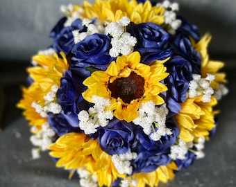 Sunflower Bridal Bouquet: Royal Blue Wedding, Rustic Elegant Design