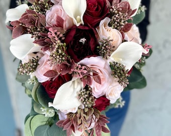Burgundy Wedding Bouquet: Cascading Maroon, Blush, and Champagne Silk Flowers