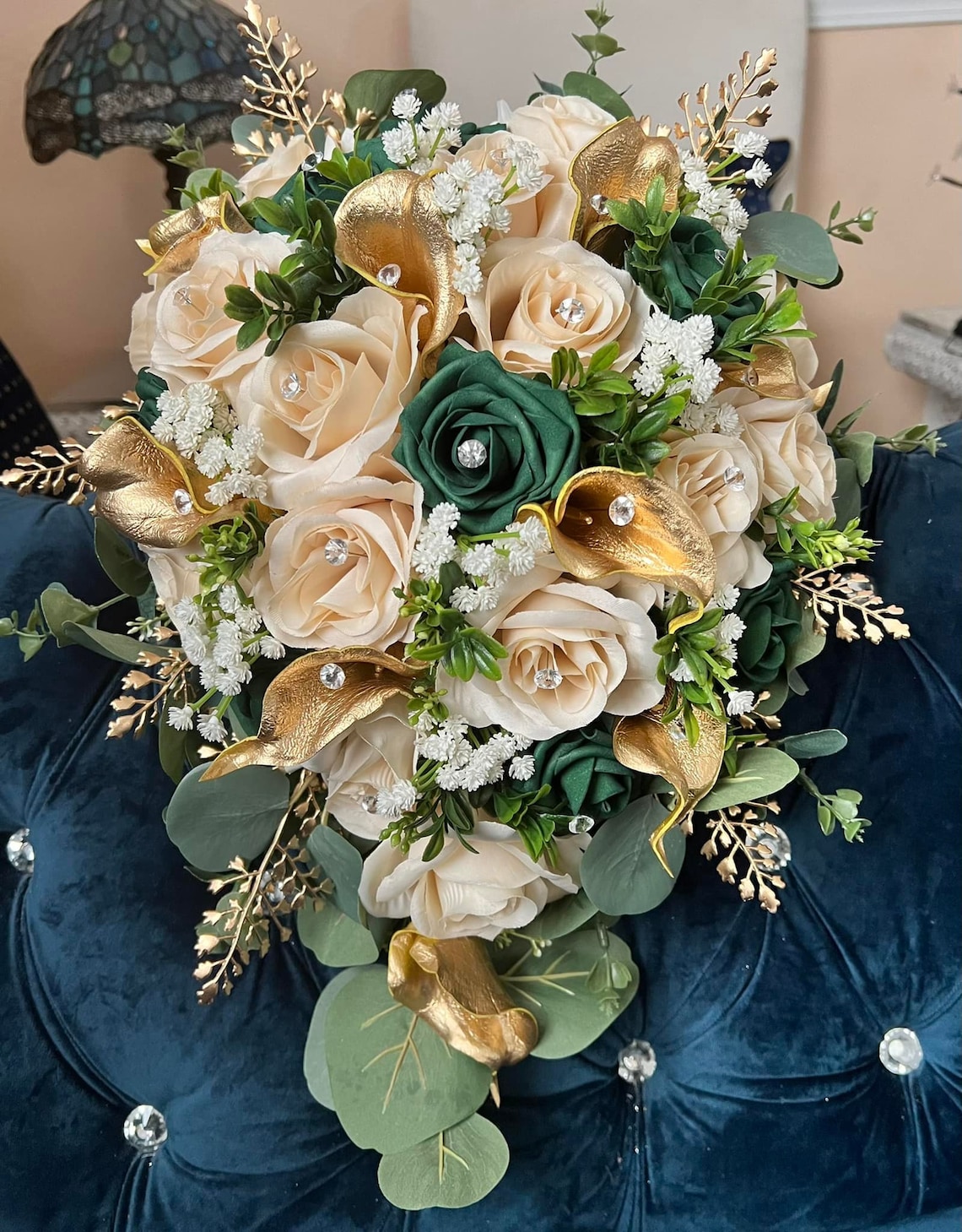 Elegant Cascading Ivory Emerald Green Gold Bridal Bouquet image 1