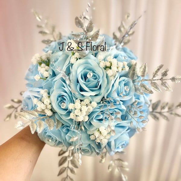 Stunning Bling Baby Blue Silver Wedding Bouquet, Round Blue White Gems Bridal Bouquet, Silver Leaves Bouquet, Quinceanera Bling Bouquet