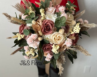 Fall Wedding Bouquet: Boho Pampas Grass, Eucalyptus & Silk Roses