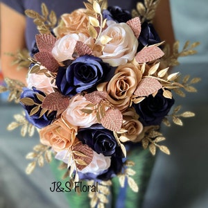 Glam Cascading Navy Rose Gold Blush Gold Wedding Bouquet, Teardrop Gold Blue Pink Bridal Bouquet, Prom Bouquet, Quince sparkle Bouquet