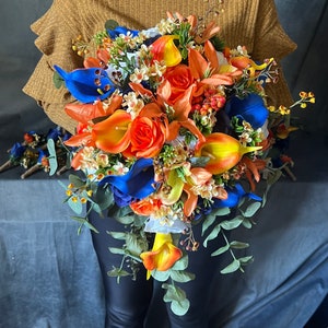 Royal Blue Orange Cascading Bridal Bouquet: Silk Roses & Lilies