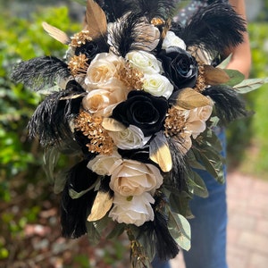 Cascading Ivory Black Gold Green Bridal Bouquet, Black Feathers Roses Wedding Bouquet, Flower Hoops Bridesmaids, Teardrop Gold Emerald Green