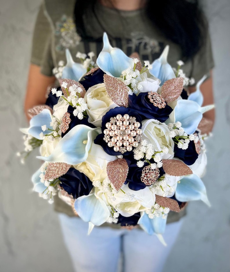 Glamorous Navy Rosegold White Bridal Bouquet Bling Jewelry Etsy