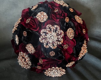 Burgundy Black Rosegold Bridal Bouquet: Elegant Bling Wedding Roses