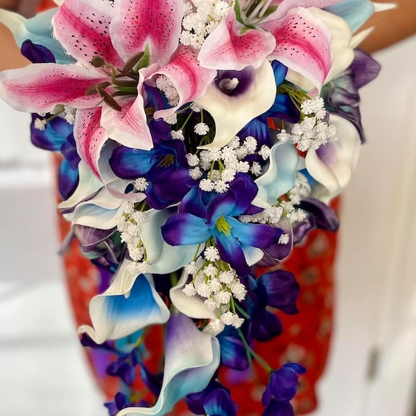 Galaxy Cascading Bouquet, Purple Turquoise Bridal Bouquet, Lilies Teardrop Bouquet, Blue Orchids Bouquet, Tiger lilies Bouquet