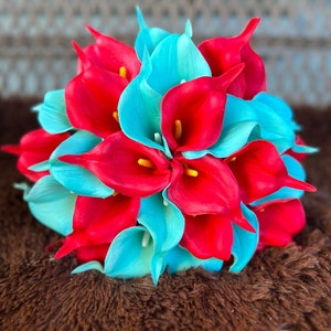 Stunning Red Turquoise Bridal Bouquet, Red Aqua Wedding Bouquet, Red Teal Round Bouquet, Calla Lilies Bouquet, Romantic Bouquet.