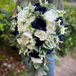Navy Blue Cascading Bridal Bouquet: White Roses, Eucalyptus Wedding Flowers
